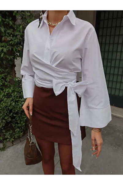 GOOD&DESS Дамска бяла риза с испански ръкав и колан с вратовръзка