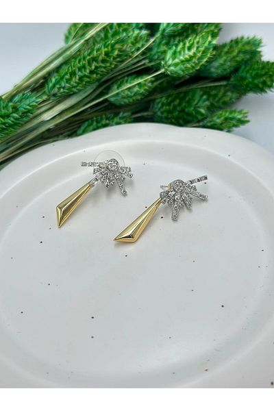 MyladyAccessoriess Baguette Stone and Double Color Detail Dangle Earrings (Steel)
