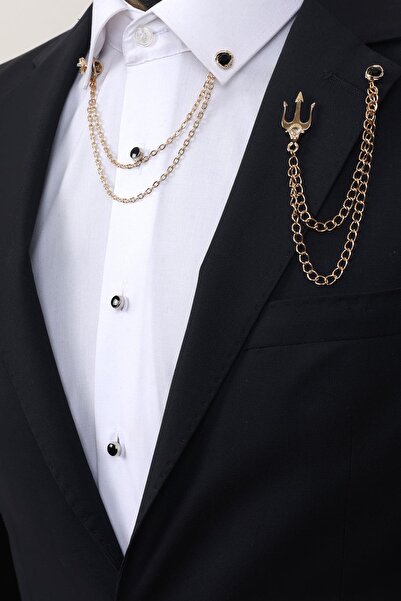 Esgue Gold Renk Poseidon Kılıcı Ceket Yaka Broşu & Taşlı Gömlek Yaka Set