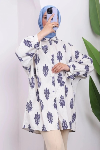 DAS KLEID Linen Shirt with Sleeve Tie Dark Blue