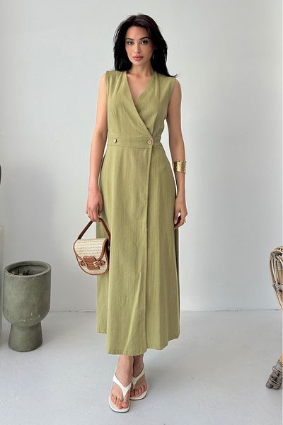 Serica Moda Green Double Breasted Cutout Sleeveless Long Linen Dress