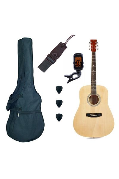 SX SD104 Basic 2, natural acoustic guitar set, bag, tuner, strap, 3 picks
