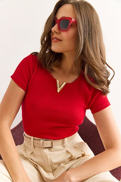Olalook Women's Red V Metal Detail Flexible Cotton Blouse Blz-19002921
