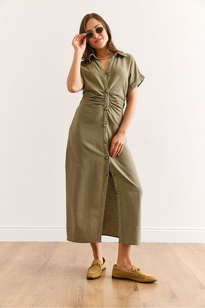 Olalook Women's Khaki Gathered Waist Bat Linen Content Shirt Dress Elb-19002436