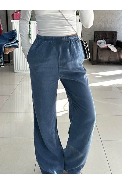 VibeGaia Navy Blue Loose Woven Trousers