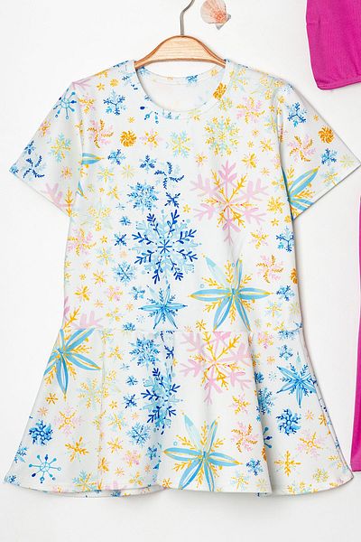Beniizle Snow Patterned Flounce Skirt Bonneted Girl's Three-Piece Swimsuit Set