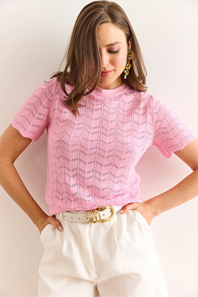 Olalook Kadın Şeker Pembe Zigzag Ajurlu Merserize Viskon Triko Bluz BLZ-19003010