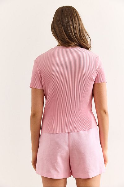 Olalook Women's Pink Crew Neck Short Sleeve Pleated Blouse Blz-19002892
