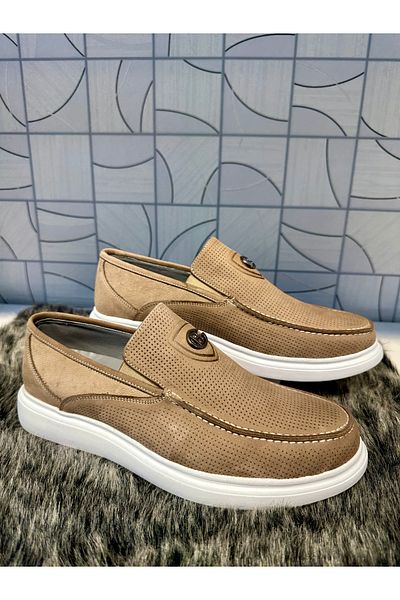 Anıl Ayakkabı Brn 651 Men's Sand Beige Nubuck Genuine Leather Buckle Print Detail Comford Daily Orthopedic Loafer Shoes
