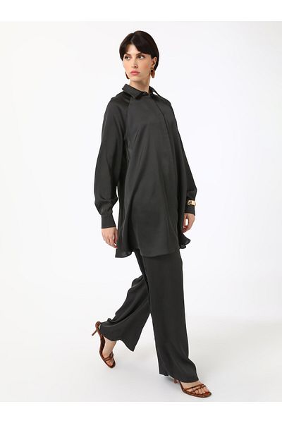Refka Satin Tunic Trousers Double Set - Black - Refka