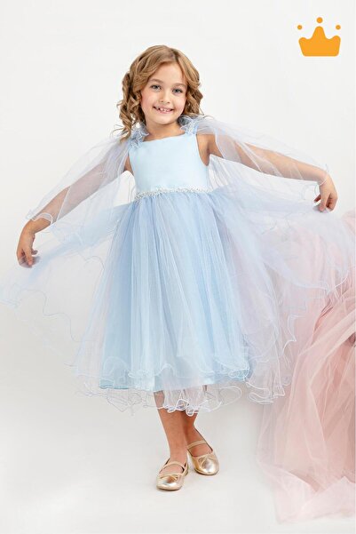 MİNİMONY Рокля с пълна дължина за момичета 5-9 години - Детайл с наметало на ръкава, празнична абитуриентска вечерна рокля с булката