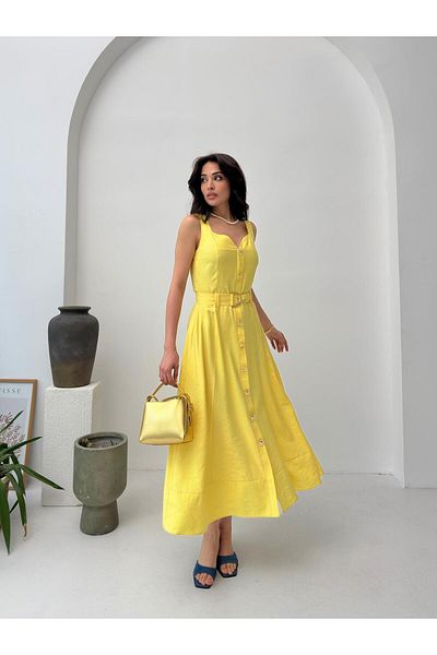 Serica Moda Buttoned Dress with Yellow Strap Belt Detail