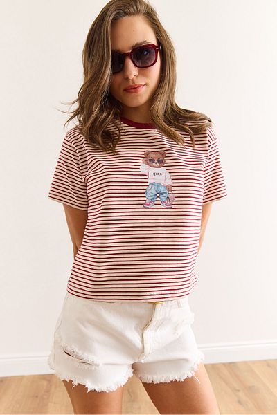 Olalook Tricou de damă din bumbac cu dungi burgundy cu ursuleț de pluș TSH-19000924