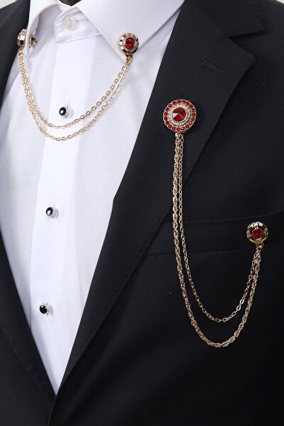 Esgue Gold Renk Kırmızı Taşlı Ceket & Gömlek Yaka Broş Seti