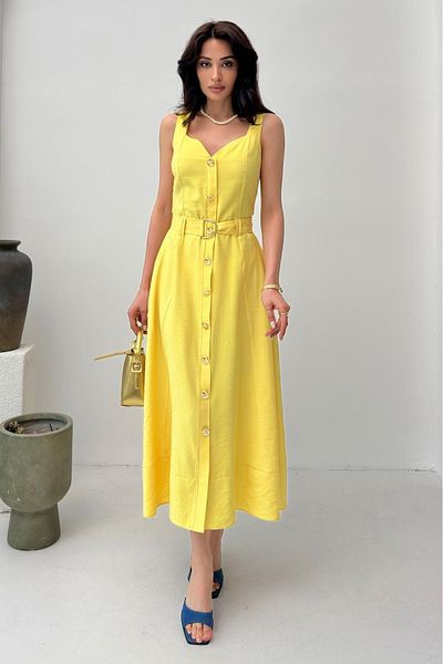 Serica Moda Buttoned Dress with Yellow Strap Belt Detail