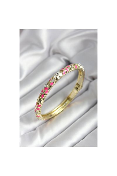 Findit Mineli Brass Pink Flower Patterned Gold Color Women's Handcuffs
