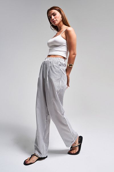 its basic Women's Black White Striped Color S5-1 Relaxed Fit Cotton Fabric Elastic Waist Pants