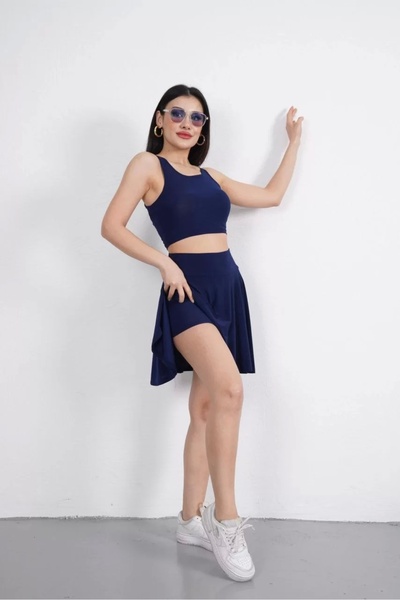 MODA Sendy Fabric Crew Neck Crop Shorts Skirt Double Set - Navy Blue