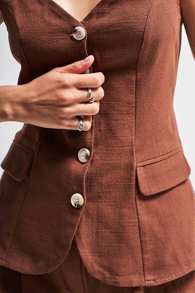 its basic Women's Brown S5-16 Maxi Size Strap Front Buttoned Linen Fabric Vest