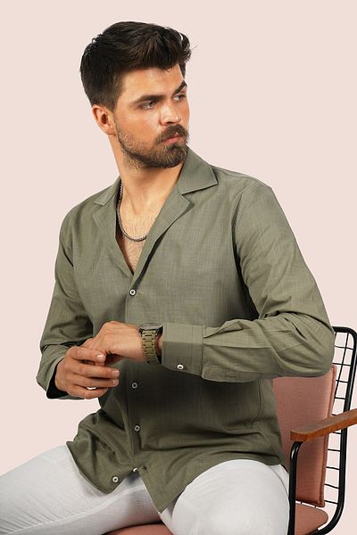 Etikmen Ανδρικό πουκάμισο με λινό χακί Apaj Collar Relax Fit