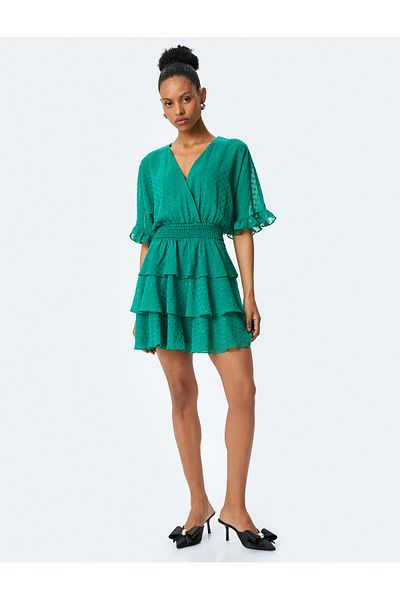 Koton Tiered voluminous v neck polka dot gipped mini dress.