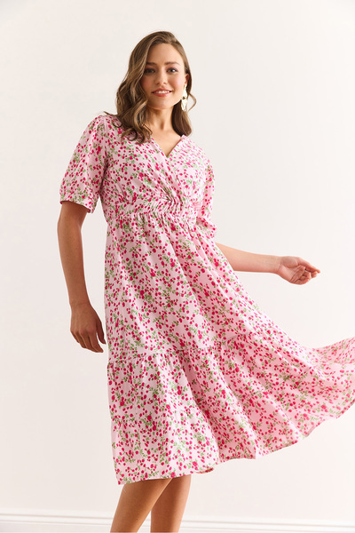 Olalook Kadın Pembe Beli Lastikli Kruvaze Yaka Dokuma Viskon Elbise ELB-19002440