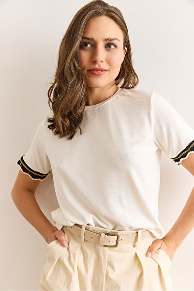 Olalook Women's Ecru Sleeve Detailed Draped Knitted Viscose Blouse Blz-19003009