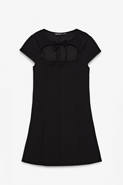 GRIMELANGE SOFTRUIZ Kadın Regular Asimetrik Yaka Bağcıklı Siyah Elbise