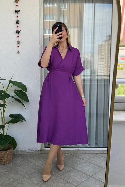 KUBOS MODA Waist Adjustable Double Breasted Collar Short Sleeve Purple Dress