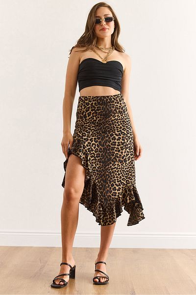 Olalook Women's Brown Leopard Asymmetrical Ruffle Detailed Micro Skirt Etk-19000329