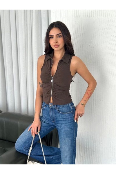 SuQ Collared Full Zipper Tank Top - Brown