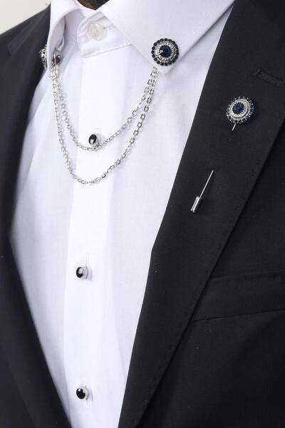 Esgue Lacivert Taşlı Gömlek Yaka & Uzun İğneli Taşlı Broş