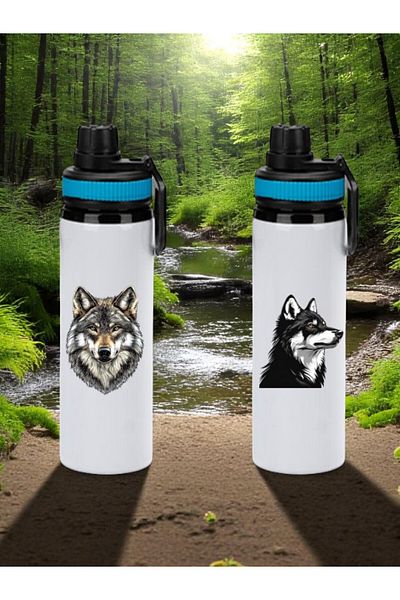 lili hediyelik Wolf Printed 2-Piece Blue Handled Water Bottle 850 ml