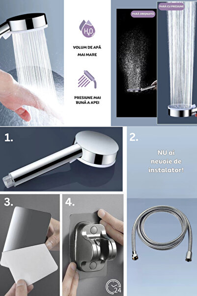 clickzu Set de duș cu 5 funcții: masaj, pulverizare, pulsații, ploaie și mod mixt, montare fără unelte