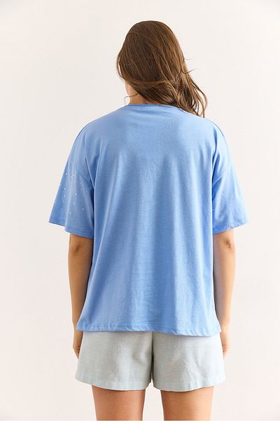 Olalook Tricou de damă cu imprimeu albastru cu detalii de piatră, cu croiala normală TSH-19000831