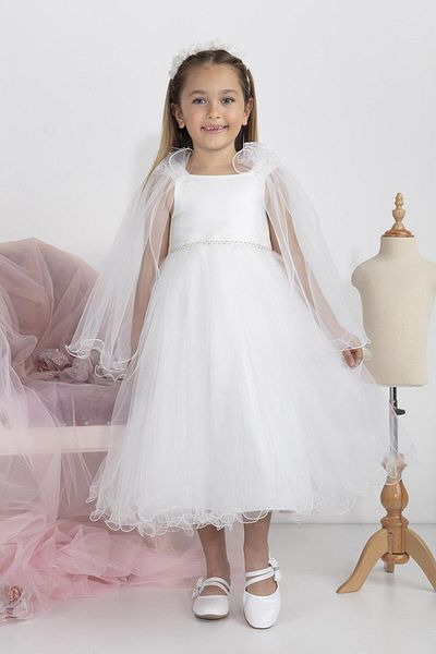MİNİMONY 5-9 Years Girl's Full-Length Dress - Cape Sleeve Detail, Festive Graduation Prom Evening Dress with Bride