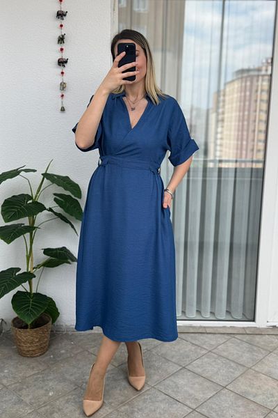 KUBOS MODA Waist Adjustable Double Breasted Collar Short Sleeve Indigo Dress