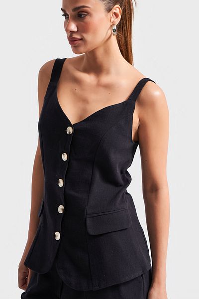 its basic Women's Black Color S5-1 Maxi Size Strap Front Buttoned Linen Fabric Vest
