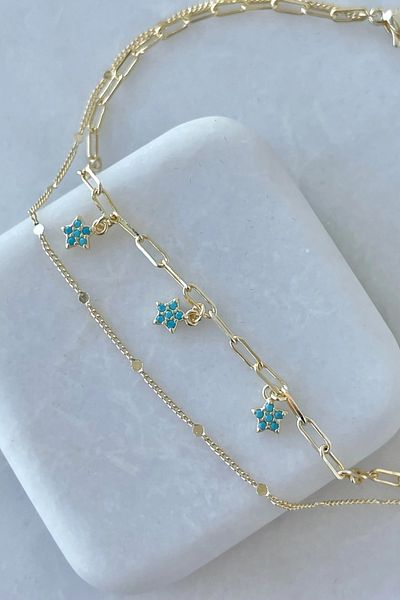 HEİCO Blue Enameled Star Hanging Double Chain Anklet Gold