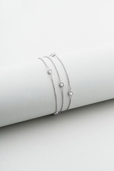 So CHIC... Üç Sıra Zirkon Taşlı 18 Ayar Beyaz Altın Kaplama 19 Cm Gümüş Bileklik