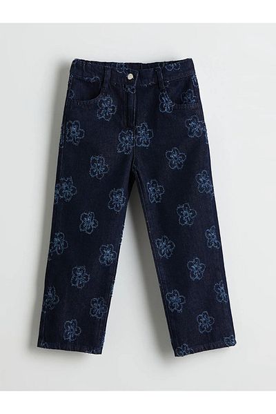 LC Waikiki Lcw Kids Indigo Floral Wideleg Girl Jean Pants