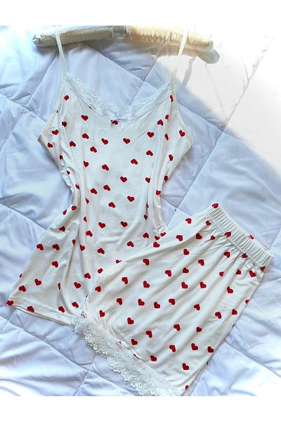 MAYA LİNGERİE Women's Heart Patterned Shorts Suspender Suit Summer and Home Wear Pajamas