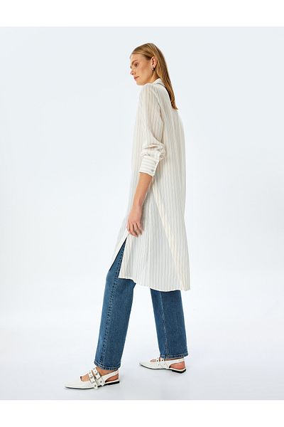Koton Striped shirt collar long sleeve oversized midi tunic dress.