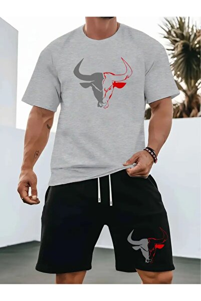 LAND MODA Set sport casual pentru bărbați de vară, tricou cu gât rotund, mâne...