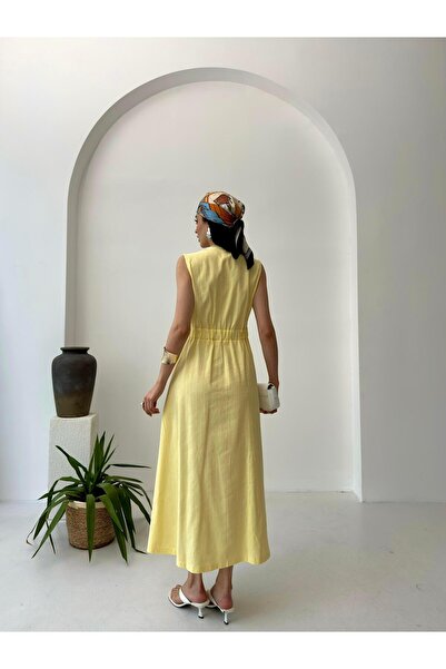 Serica Moda Yellow Double Breasted Cutout Sleeveless Long Linen Dress