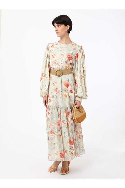 Refka Floral Patterned Chiffon Hijab Dress - Orange - Refka