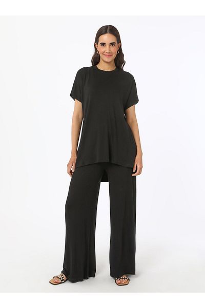 Refka Viscose Relaxed Fit Tunic & Trousers Double Set - Black - Refka