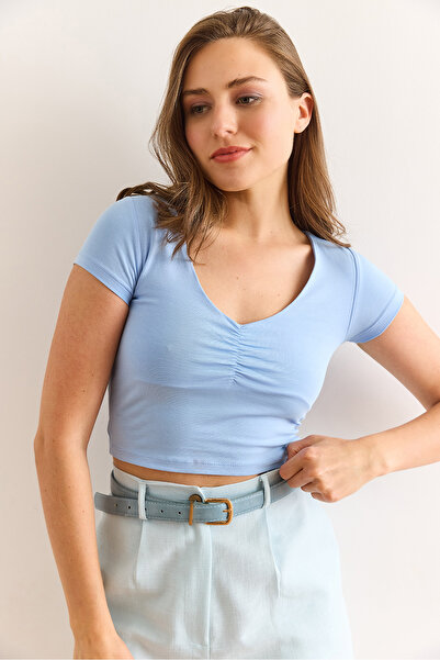 Olalook Tricou de damă albastru crop din bumbac lycra cu șnur în față TSH-19000919