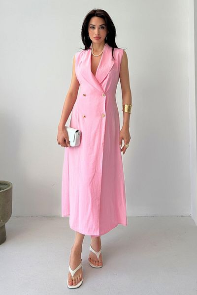 Serica Moda Pink Double Breasted Collar Buttoned Slit Dress