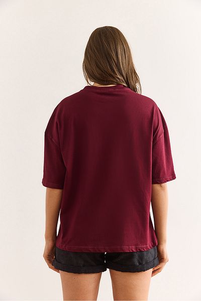 Olalook Tricou de damă din bumbac cu nasturi aurii, bordeaux, TSH-19000763